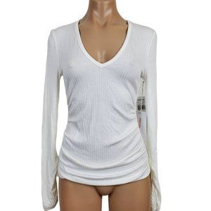 Good American Ribbed Tee 2 M White Deep V-neck Long Sleeve Shirred Ruched Top